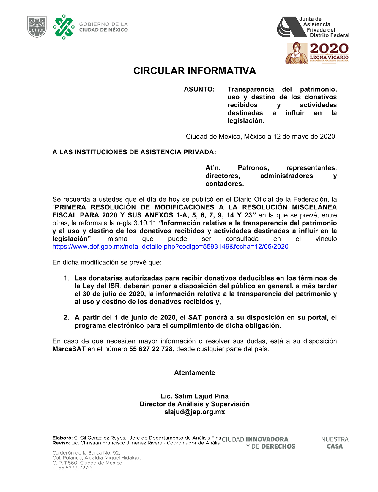 Circular transparencia del patrominio, uso y destino de los donativos recibidos y actividades destinadas a influir en la legislación