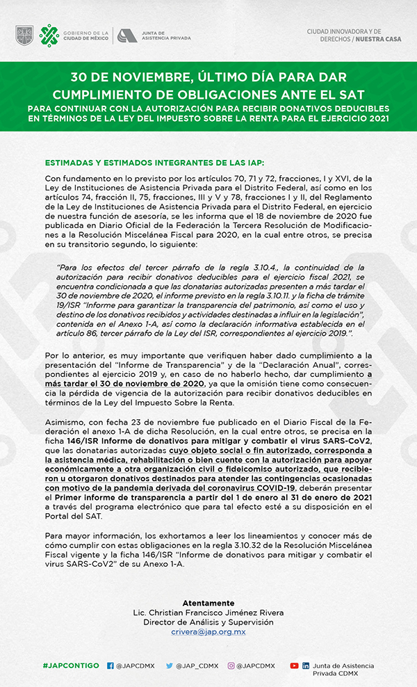 Comunicado con cumplimiento de obligaciones ante el SAT