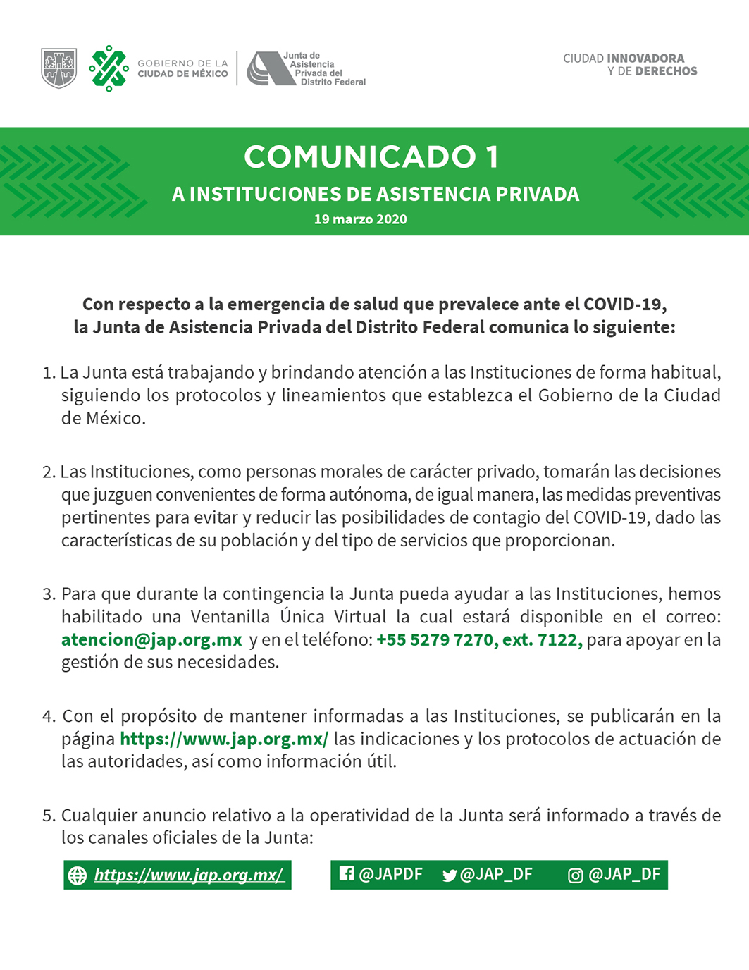 comunicado 1 sobre las acciones de la JAPDF ante el COVID-19