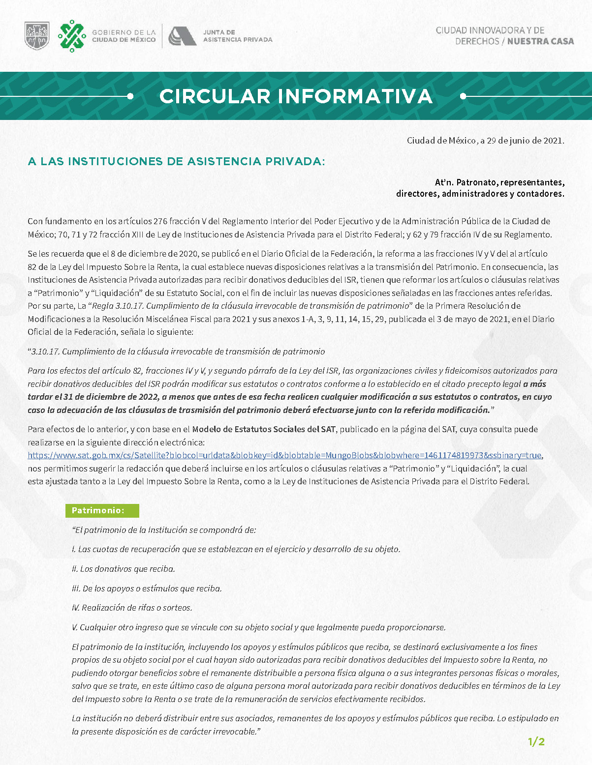 Circular informativa reforma de estatutos del patrimonio página 1