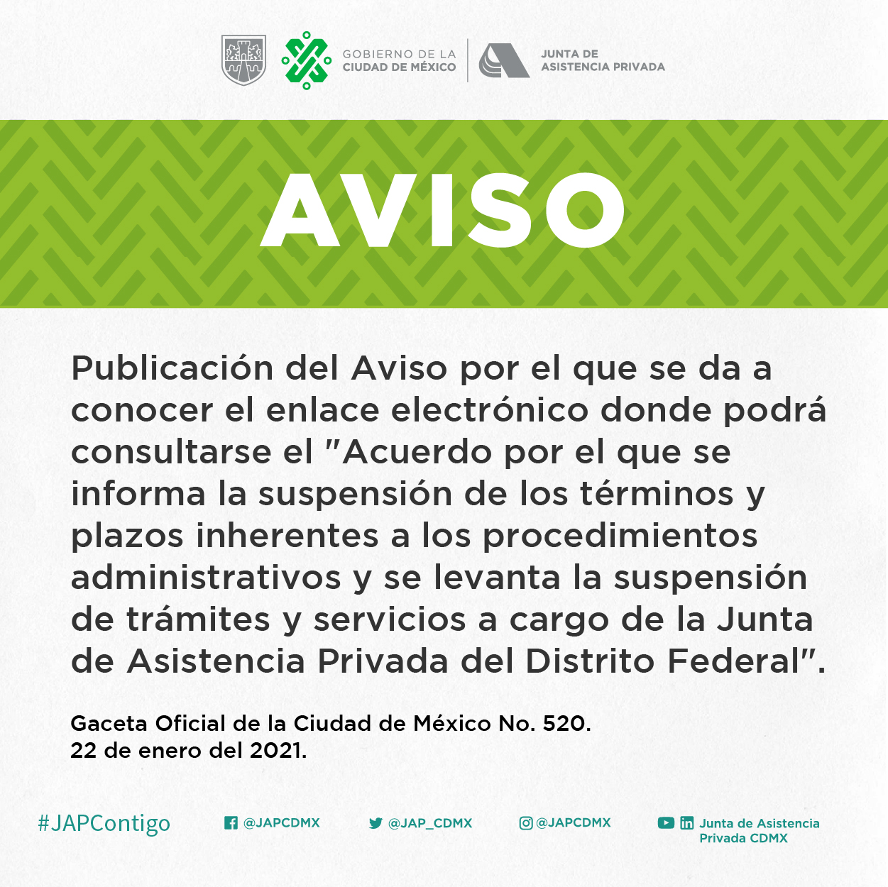 aviso Suspensión de plazos en la JAP