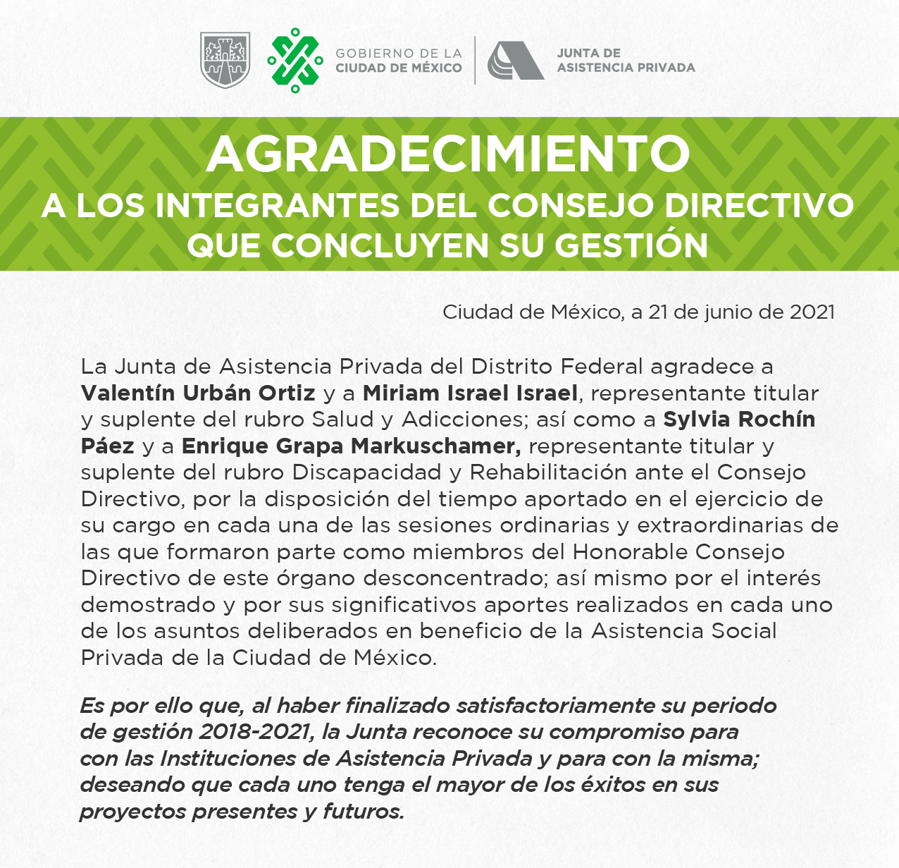 agradecimiento a integrantes del Consejo que concluyen su gestión