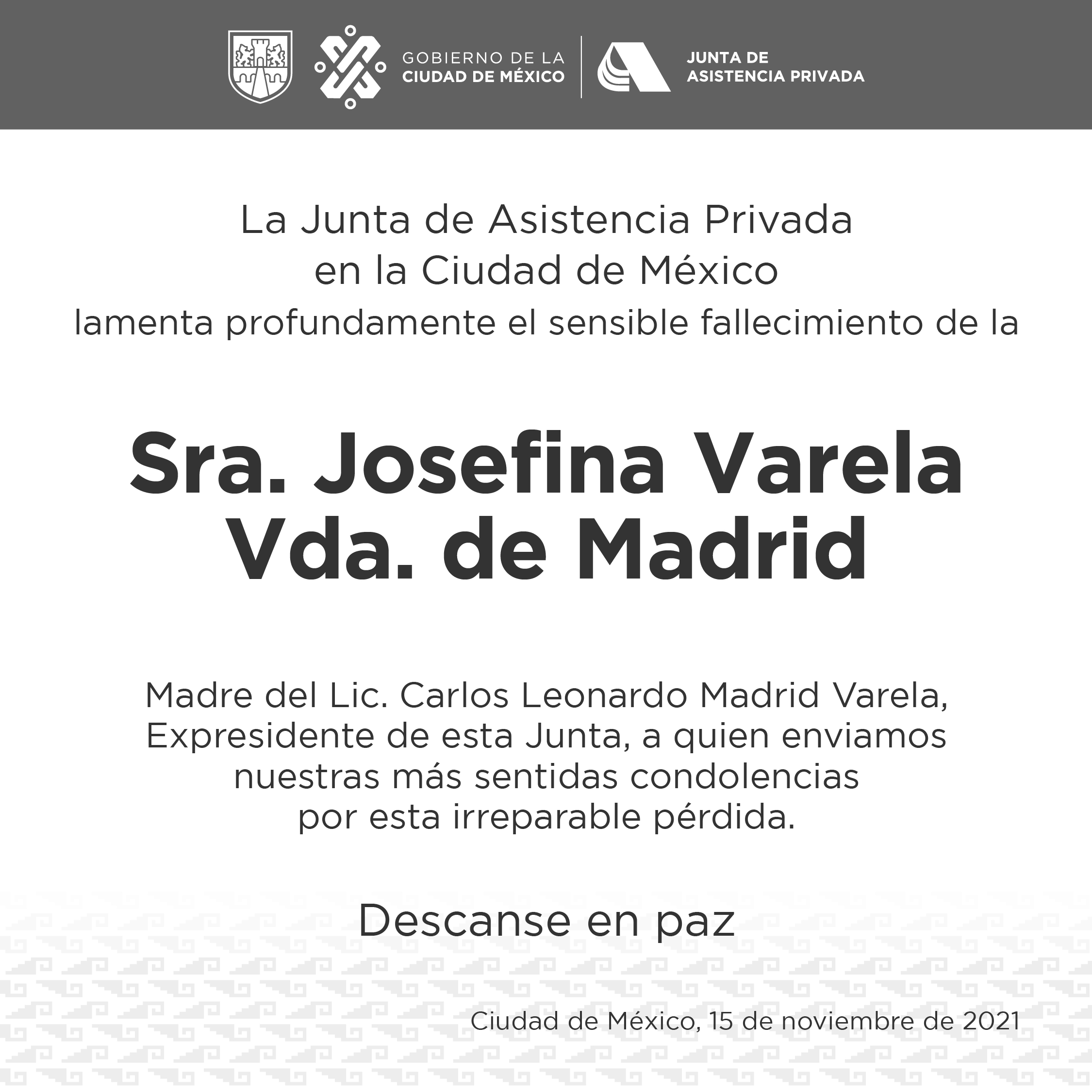 Condolencias para Carlos Madrid Varela, expresidente de la Junta, por la pérdida de su madre