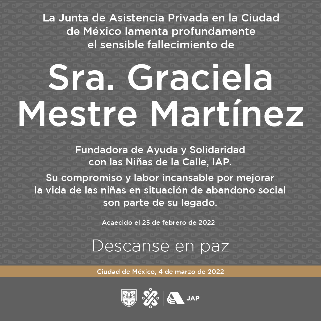 Lamentamos el sensible fallecimiento de Graciela Mestre Martínez, fundadora de Ayuda y Solidaridad con las Niñas de la Calle, IAP