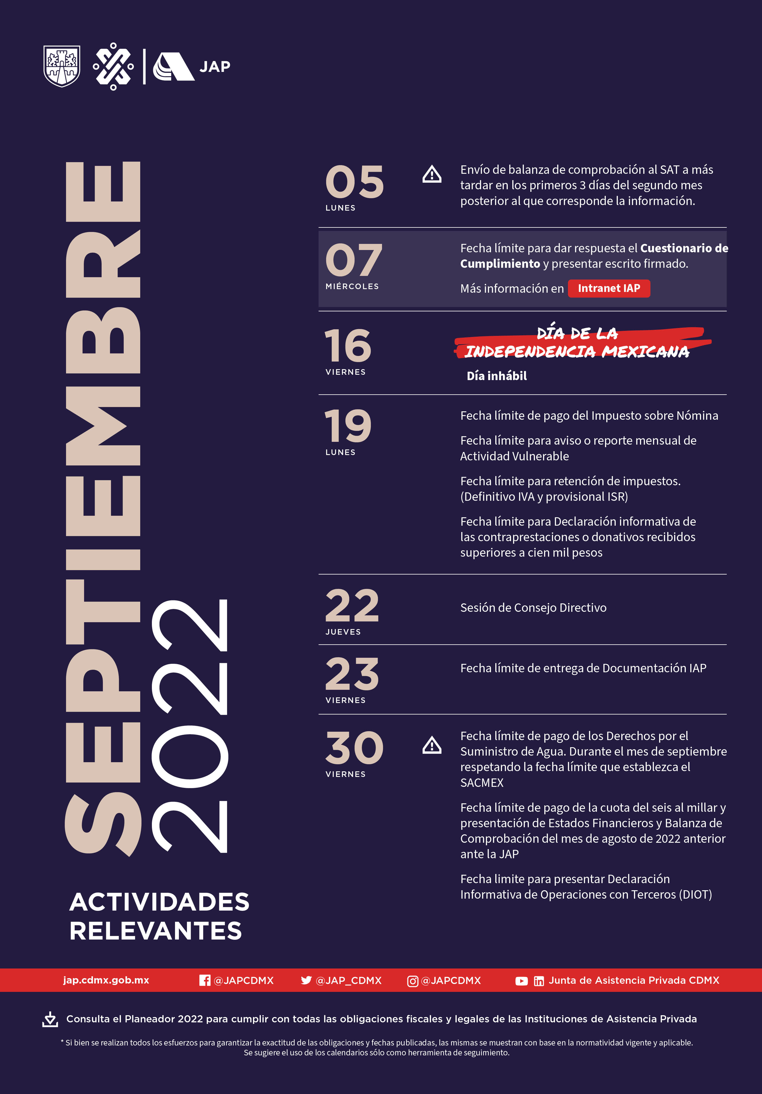 calendario con actividades de septiembre 2022