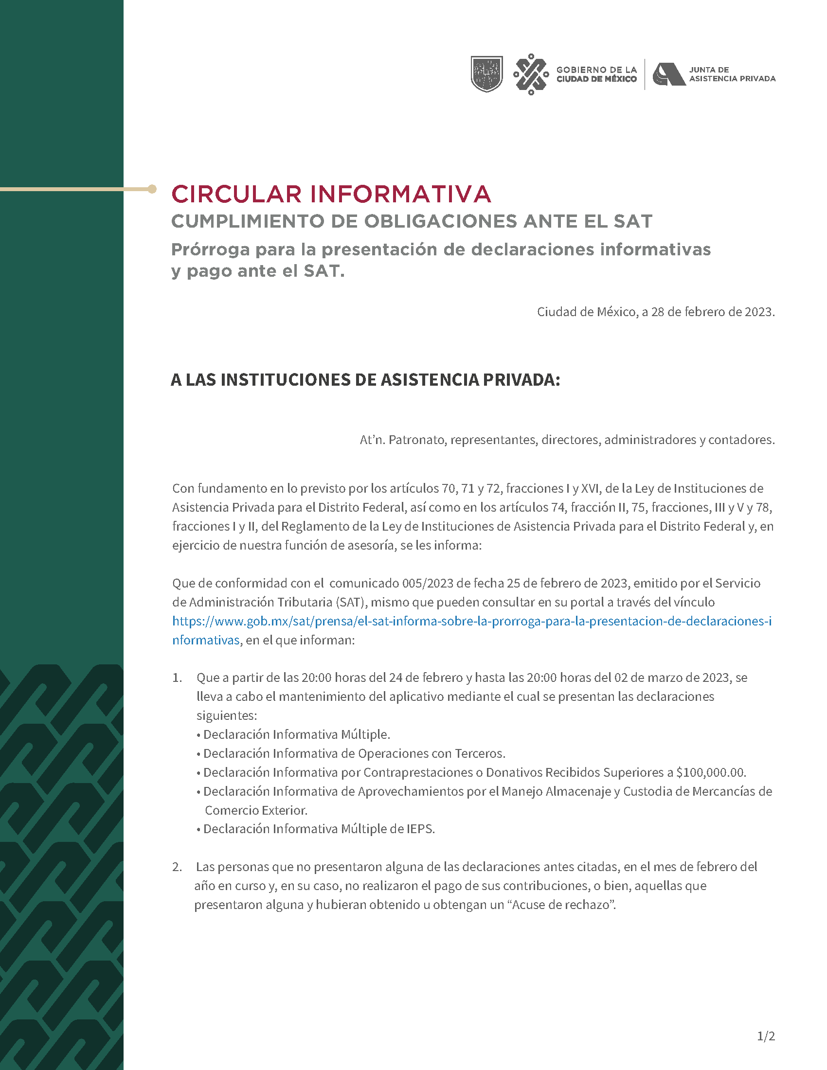 circular sobre prórroga en el cumplimiento de obligaciones ante el SAT